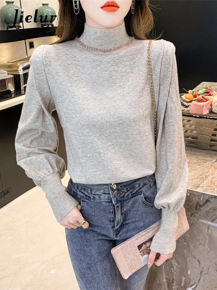 Jielur Women Knitted Sweaters Autumn Winter Half Turtleneck Diamond Latern Sleeve Blue Pullovers New Female Elegant Jumper Tops