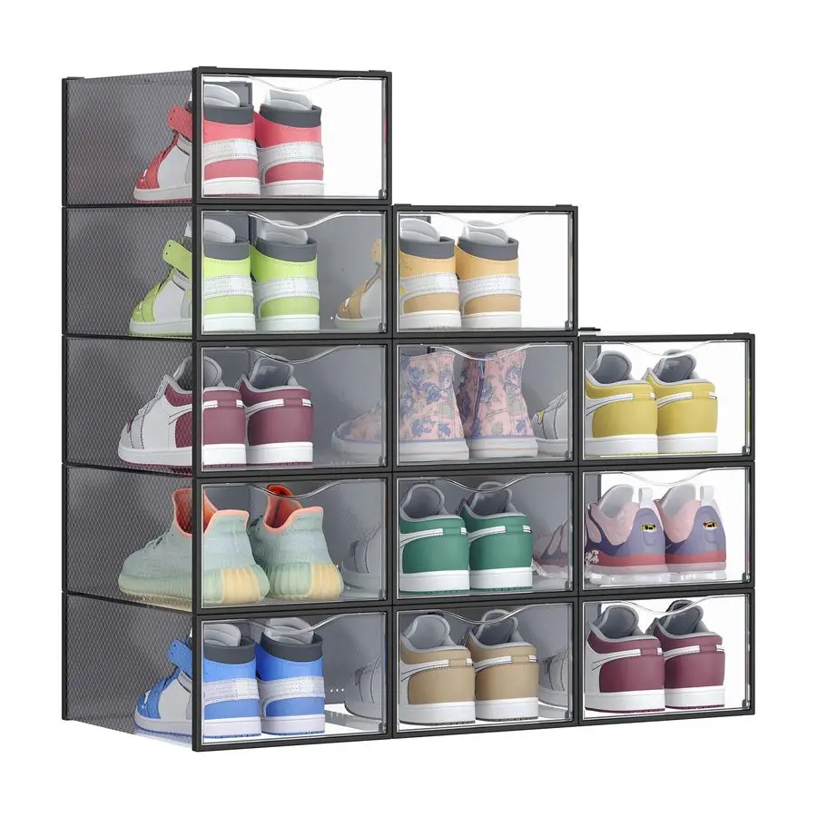 

Shoe Boxes, Shoe Storage Organizers Rack for Closet, Plastic Stackable Sneaker Containers Case, 12 Pack, Transparent and Ink Bl