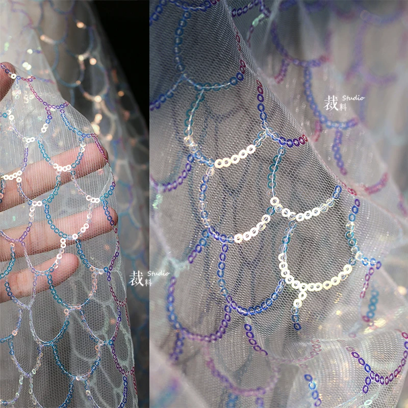 

Fish scale small sequin net fabric iridescent glitter embroidery fabric see-through dress designer&wedding dress fabric