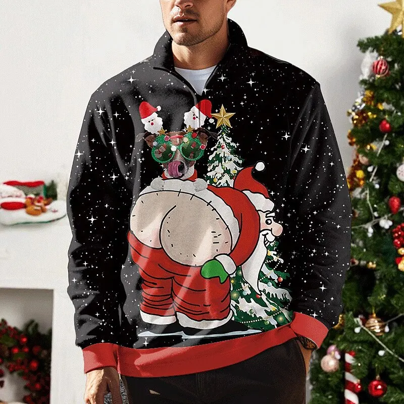 

Men's Ugly Santa Clause Graphic Zipper Sweatshirt Funny Christmas Theme Long Sleeve Zip Tops Oversize Casual Comfortable Clothes