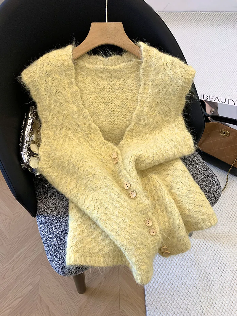 

Loose Knitted Vest Cardigan Women's Autumn Winter Outerwear Sweet Sle High Waist Button Detail Casual Long Sve V-Ne