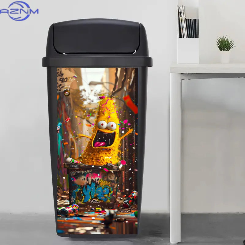 Trash Can Sticker - Yellow Goofy Monster Pattern, PVC Self-Adhesive Decal for Plastic Surfaces, Fun Kitchen Wall & Trash Bin D view 4
