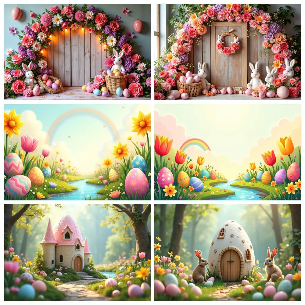 MOON.QG Spring Easter Garden Background Photography Rainbow Pink Tulip Eggs Photozone Backdrop Children Studio Photocall Props