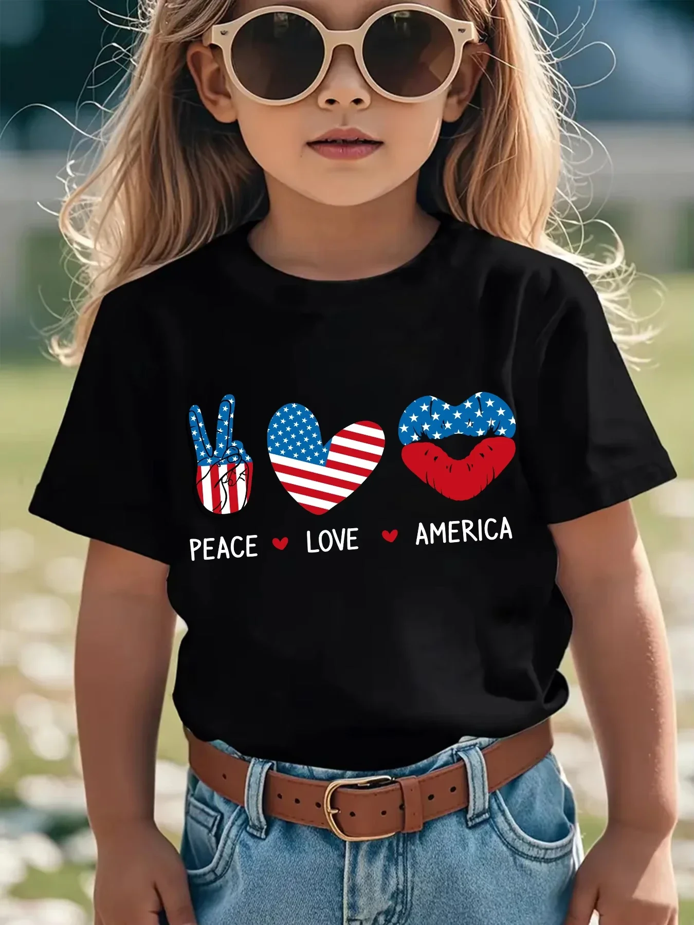 Boys Girls Short Sleeve T Shirt Patriotic Peace Love America American Flag Elements Pattern Crew Neck Casual Tops