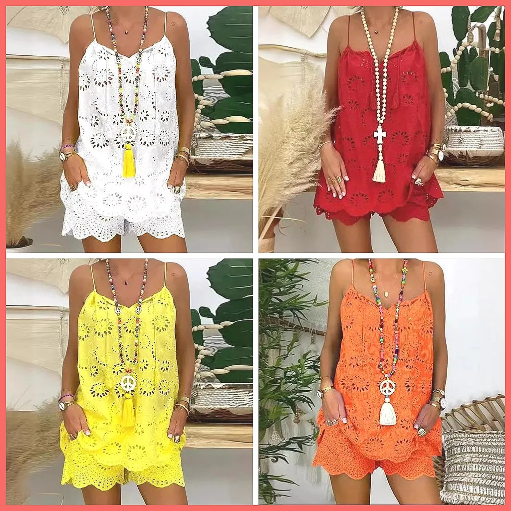 

Women's Cotton Linen 2-Piece Set: Sleeveless Camisole & Shorts with Embroidery, Ruffles and Tassel