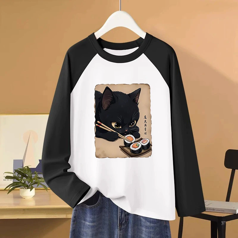 

All Seasons Long Sleeve T Shirt Clothes Women's Casual Graphic T-Shirt Women Gothic Tees Tops Tshirt Cute Cat Eating Sushi Print