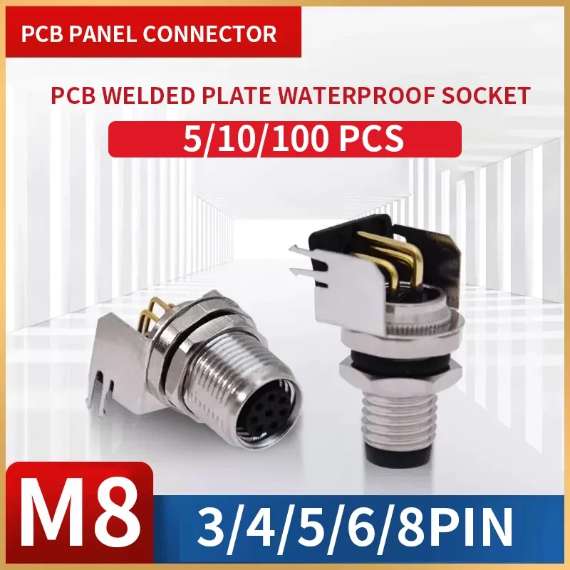 

5/10 PCS M8 male/female curved straight jack socket 3 4 5 68 pin Solder IP67/68 waterproof PCB panel connector