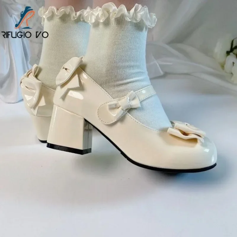 Kawai Lolita Princess Shoes Girl Round Head Lace Bow Accessories Middle Heel Lo Shoes Women Sweet and Cute Decorative Gift