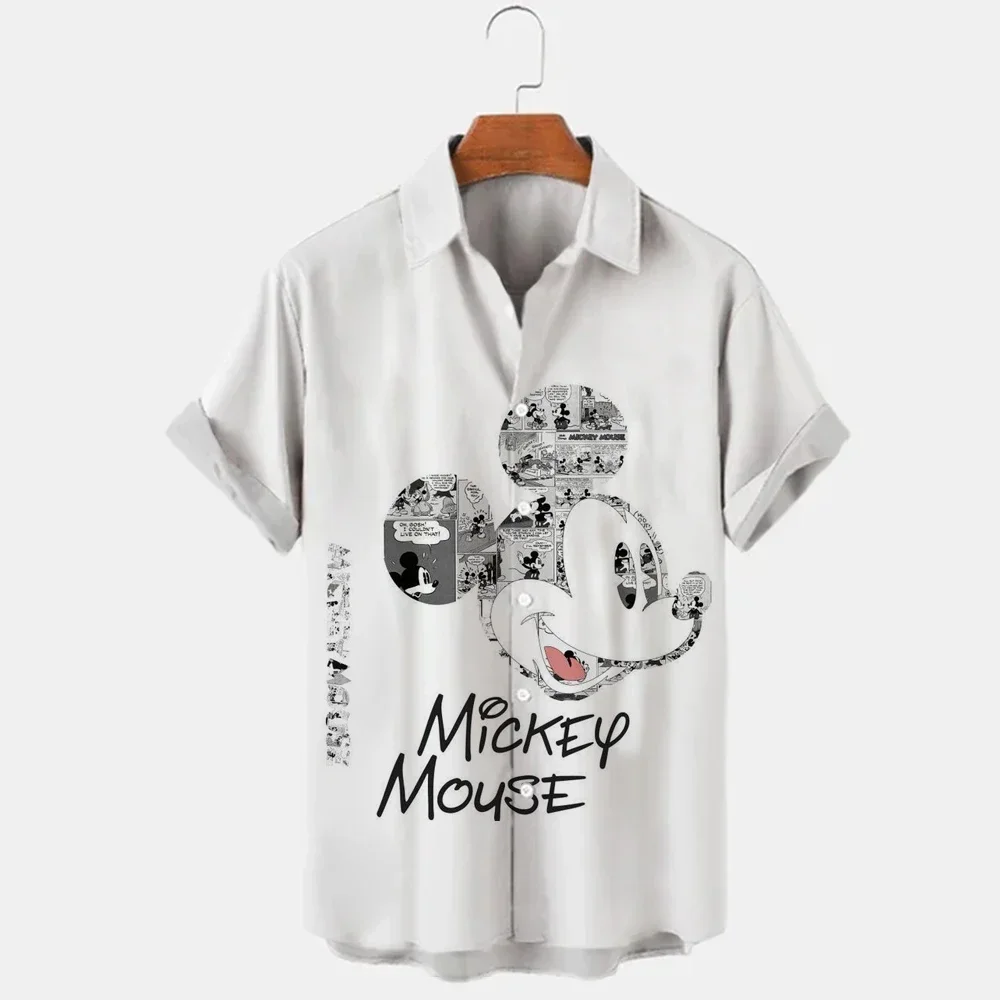 New Men's Lapel Cartoon Anime Mickey Mouse Print Button Short Sleeve Shirt Men's Casual Street Disney Shirt S-5XL Summer 2024