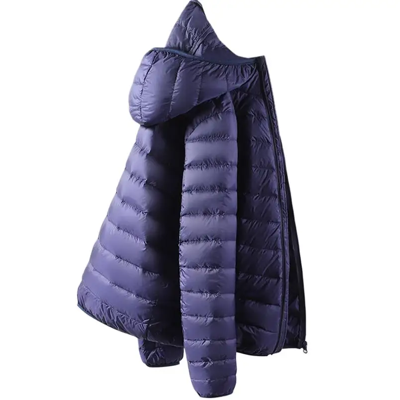 ฤดูหนาวกลางแจ้งและบางลงเสื้อแจ็คเก็ตผู้ชายสีทึบสั้น Hooded Ultra-Light Coat Windproof WARM Outwear PLUS ขนาด