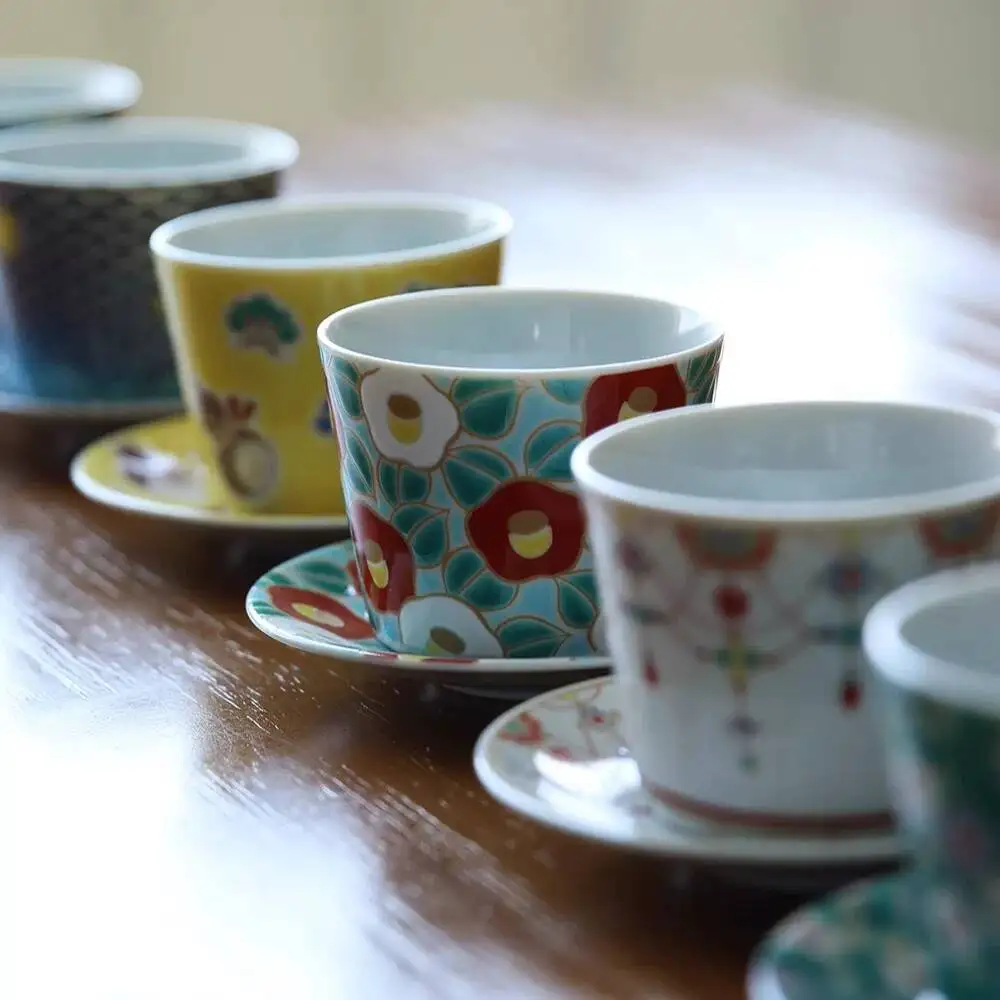 In-Stock Japanese Imported Kutani Ware Green Kiln Hand-Held And Saucer Coffee Red Tea Soba Pig Mouth Cup