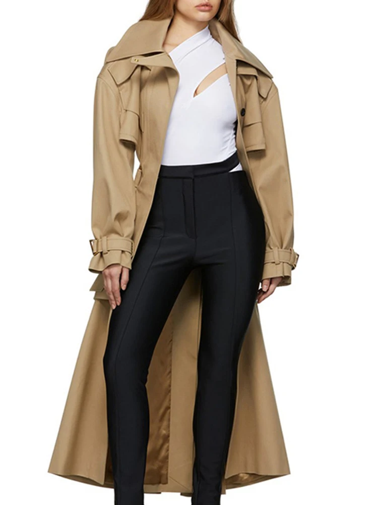 VGH Korean Fashion Women\'s Trench Coat New Lapel Hollow Out Belt Long Sleeve Solid Minimalist Windbreaker Female Autumn 2024 New