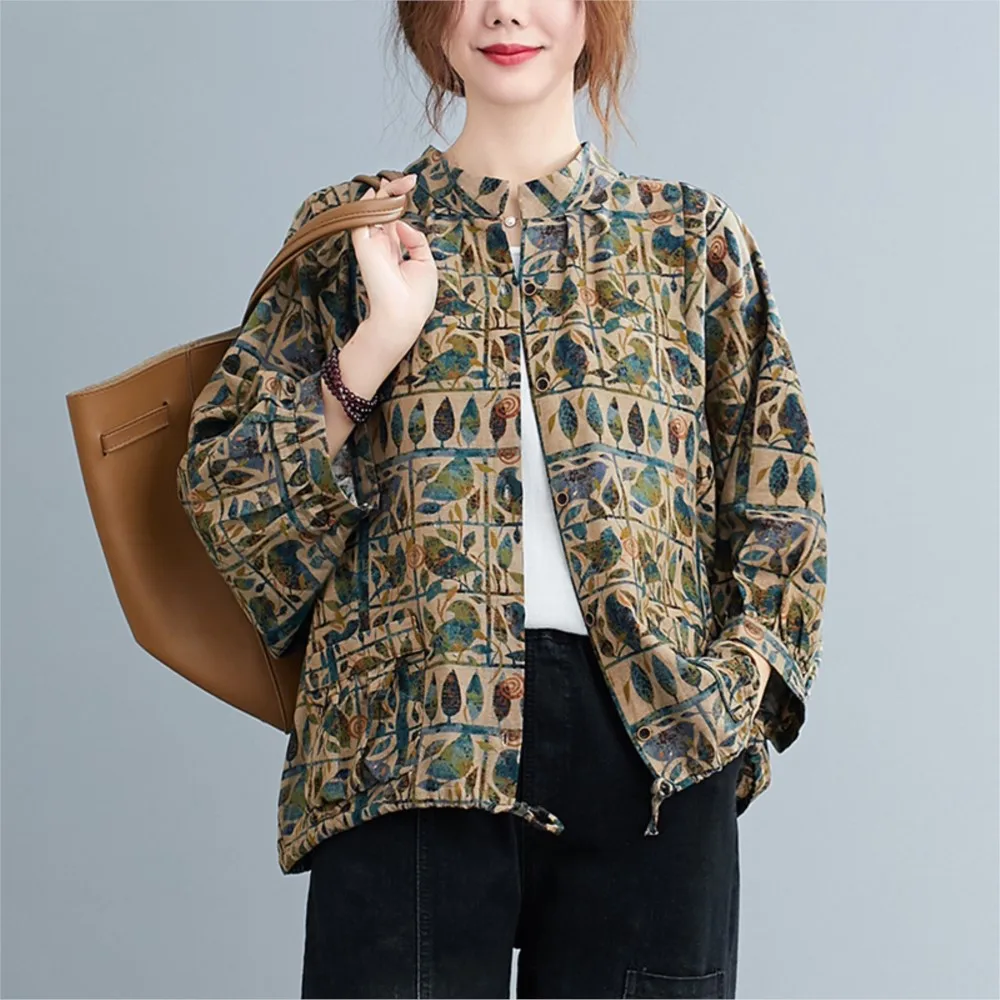 

Cotton Linen Women Shirt Vintage Oversized Floral Print Blouses Harajuku Leisure Loose Ladies Casual Button Up Shirts Tops Mujer