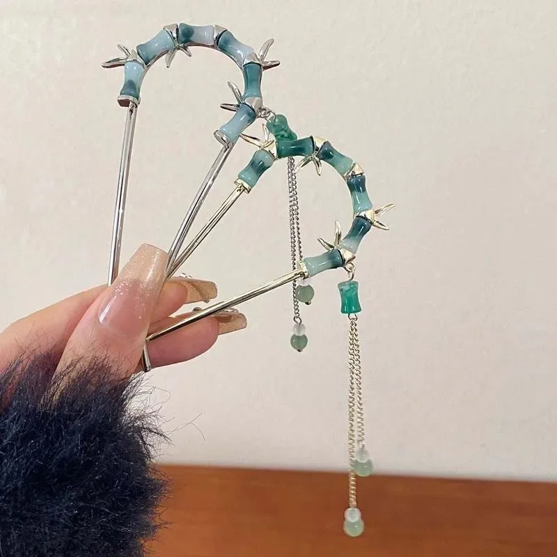 New Chinese Style Green Bamboo Tassel Hair Sticks For Women Vintage Metal U-shaped Hairpin Chopstick Headdress Hair Accessories