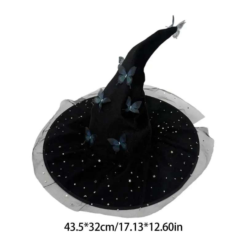 652F قبعة ساحرة الهالوين مجعدة قابلة للانحناء مع زي تزيين الفراشة