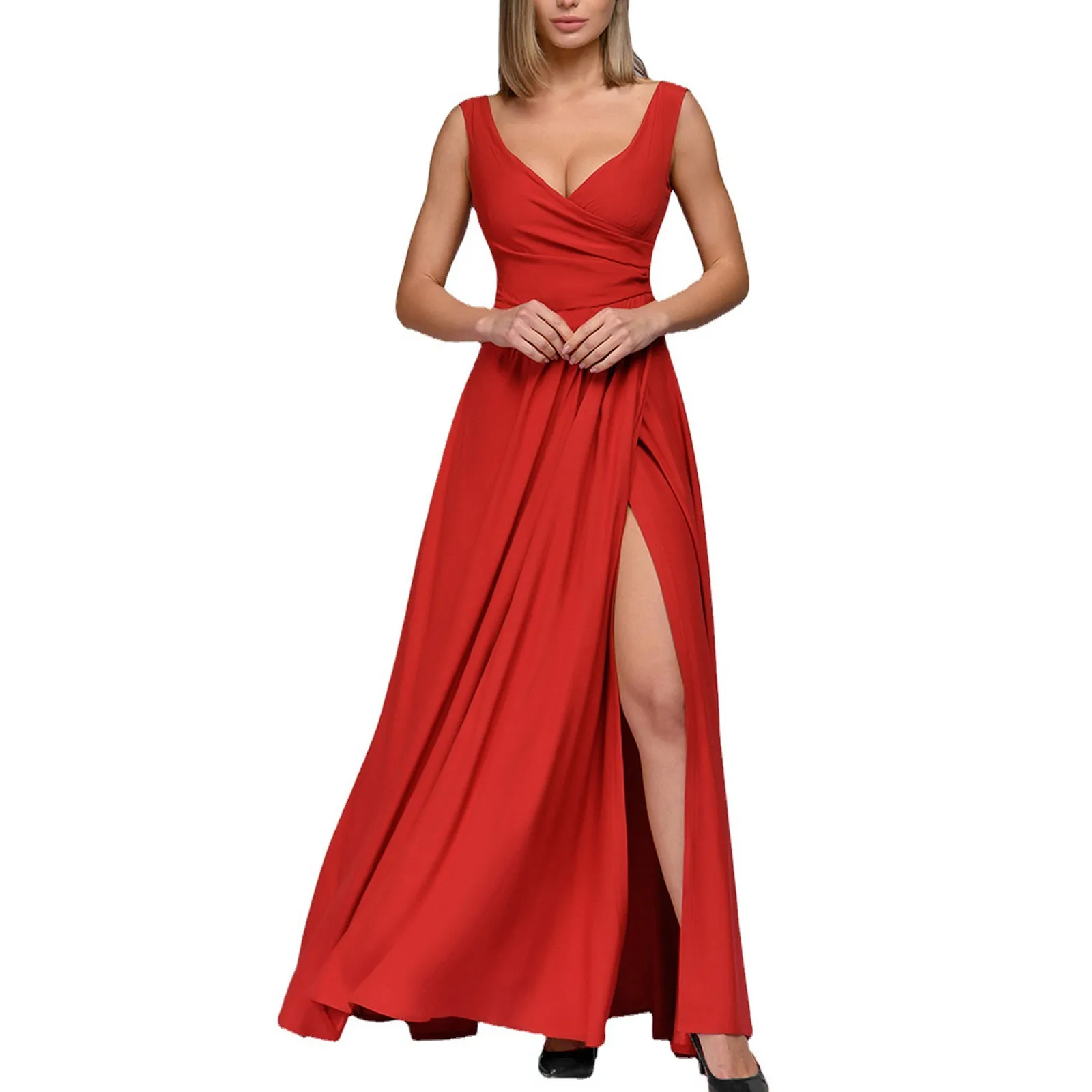 Vestidos de Noche elegantes con escote en V profundo para mujer, vestido Midi sin mangas con abertura en la cintura, ropa de fiesta para banquete, moda femenina, 2023