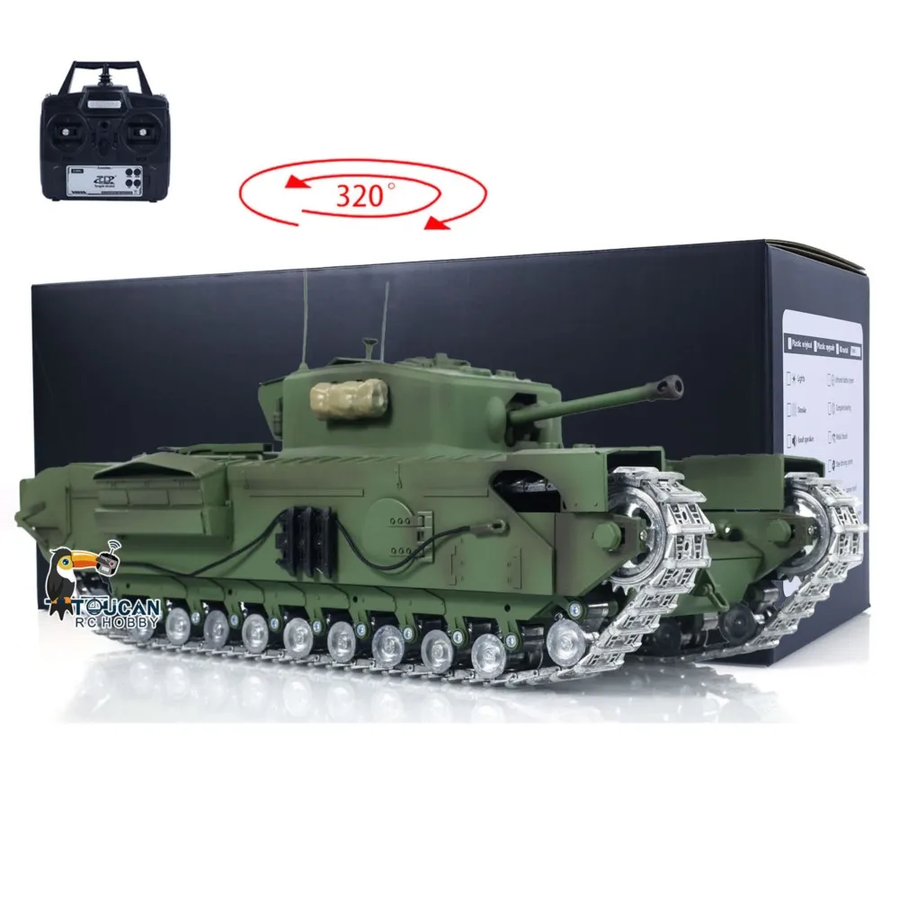 รถถังทหารบังคับวิทยุ TD 1/16 รุ่น Churchill Mk.VII ของสหรัฐอเมริกา ตัวถังโลหะแท้ รางโลหะ ระบบต่อสู้อินฟราเรด พร้อมใช้งาน รถถังไฟฟ้าสำหรับผู้ใหญ่