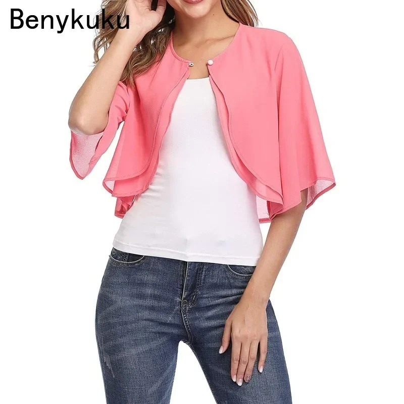 Summer Solid Chiffon Shirts Capes Women Half Sleeve Shrug Open Front Bolero Tops Cardigan Elegant Female Clothes Black White Red