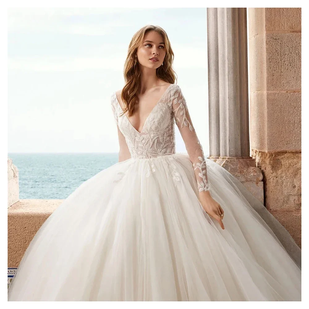 Flavinke personalizado profundo decote em v vestidos de casamento renda applique frisado manga cheia vestido de noiva sem costas princesa vestidos de noiva