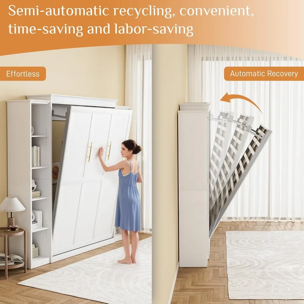 Letto Queen Murphy con libreria portaoggetti e 4 ripiani regolabili, struttura letto pieghevole salvaspazio da parete in legno Queen, struttura letto nascosta f