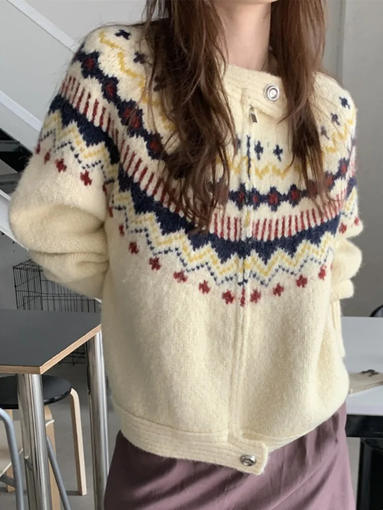 Suéter Abrigo de Punto ueso con Diseño Fair Isle de JL, Bloques de Color, Bordado, Manga Larga, para Otoño, Invierno y Pr...