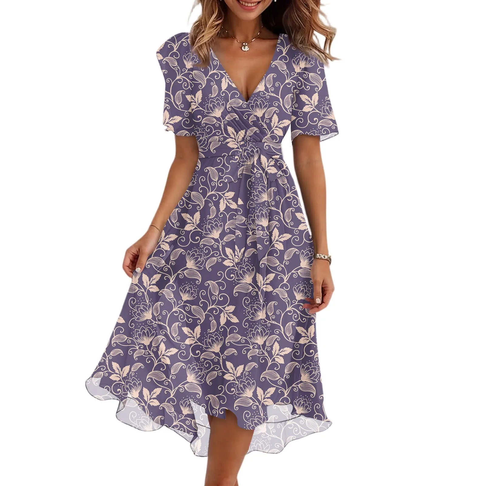 Women'S Summer Floral Printed Casual Wrap V Neck Ruffled Hood Short Sleeves Belt A-Line Ruffle Hem Midi Sundress Elegant Dresses