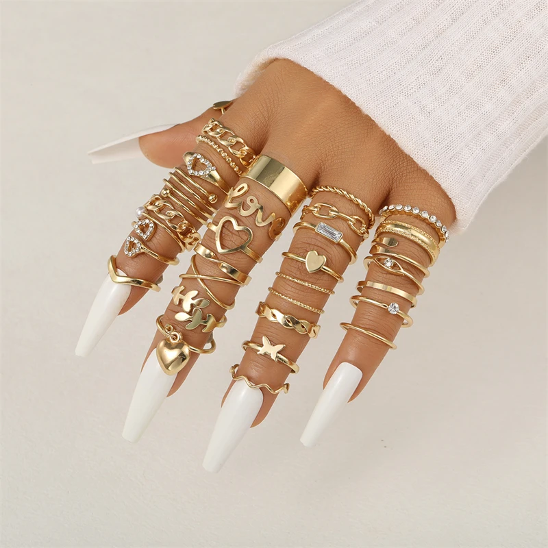 Vintage Goldfarben Zirkon Herz Schmetterling Hohlketten-Ringset Boho Simulierte Perlen Geometrische Ringe für Damen Schmuck – Detail 3