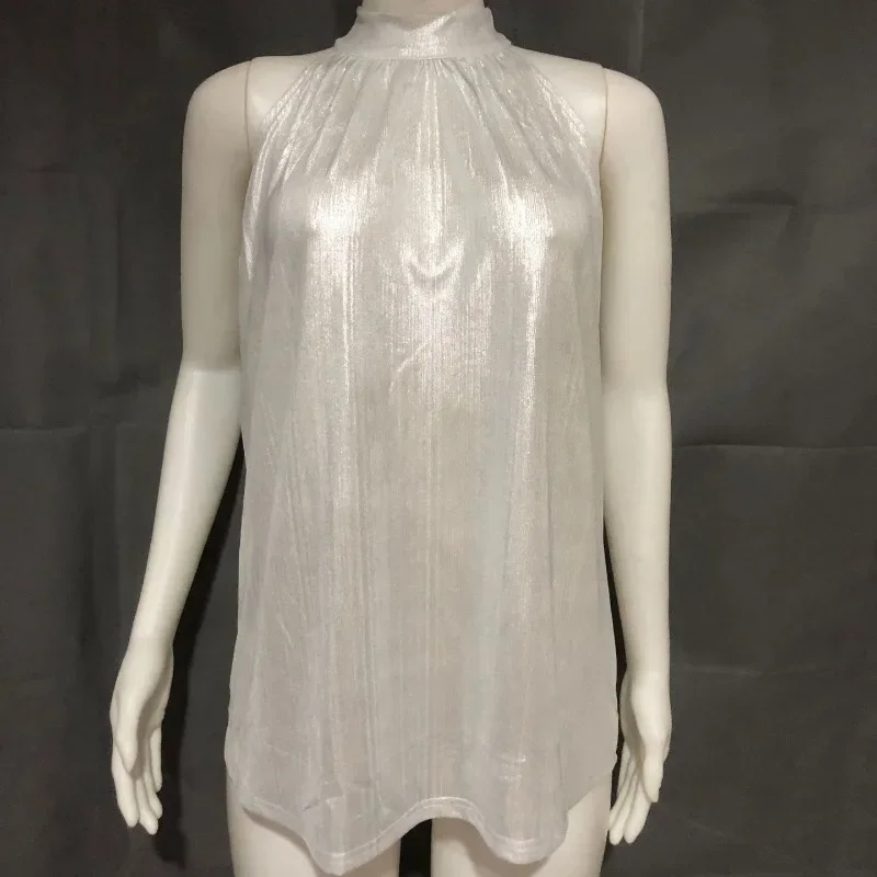 2024 Womens Fashion Shiny Neck Tank Tops Vest Ladies Summer Casual Solid Color Sleeveless T Shirt Blouse Black Gold Silver YDL33