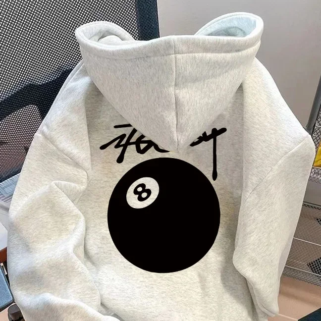 النمط الأمريكي الوزن الثقيل الأسود 8 بركة طباعة هوديي الرجال فضفاض صوف مبطن سترة الأزواج الخريف الشتاء Ins ملابس خارجية