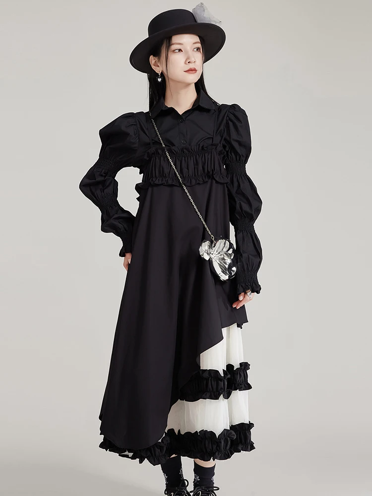 [EAM] Black Irregular Long Shirt Mesh Dress Two Pieces Suit New Lapel Long Sleeve Women Fashion Tide Spring Autumn 2024 1DH7993