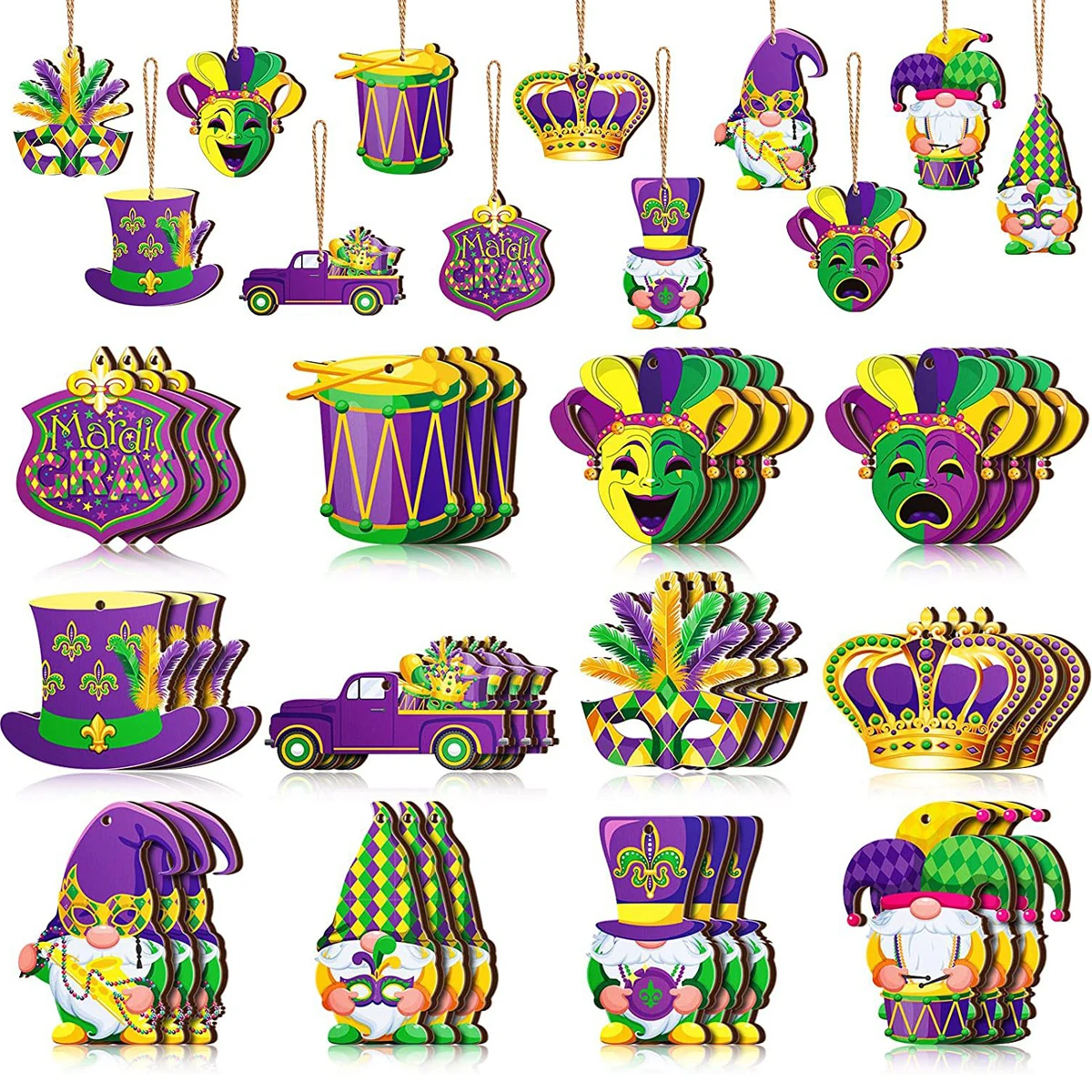 36 Pcs Mardi Gras Hanging Ornaments Purple Green Yellow Gnome Crown Mask Wooden Pendant for 2025 Carnival Party Decor Supplies