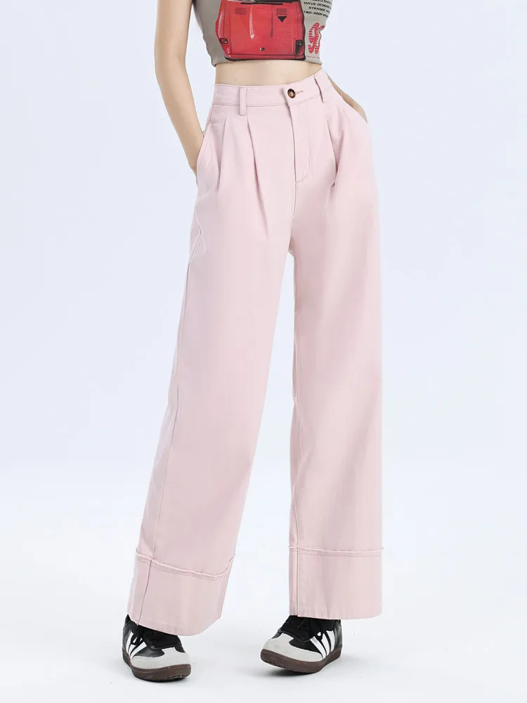 

GUUZYUVIZ Women’s Pink Casual High Waist Straight Pants Korean Fashion Loose Fold Ankle Length Pants Female