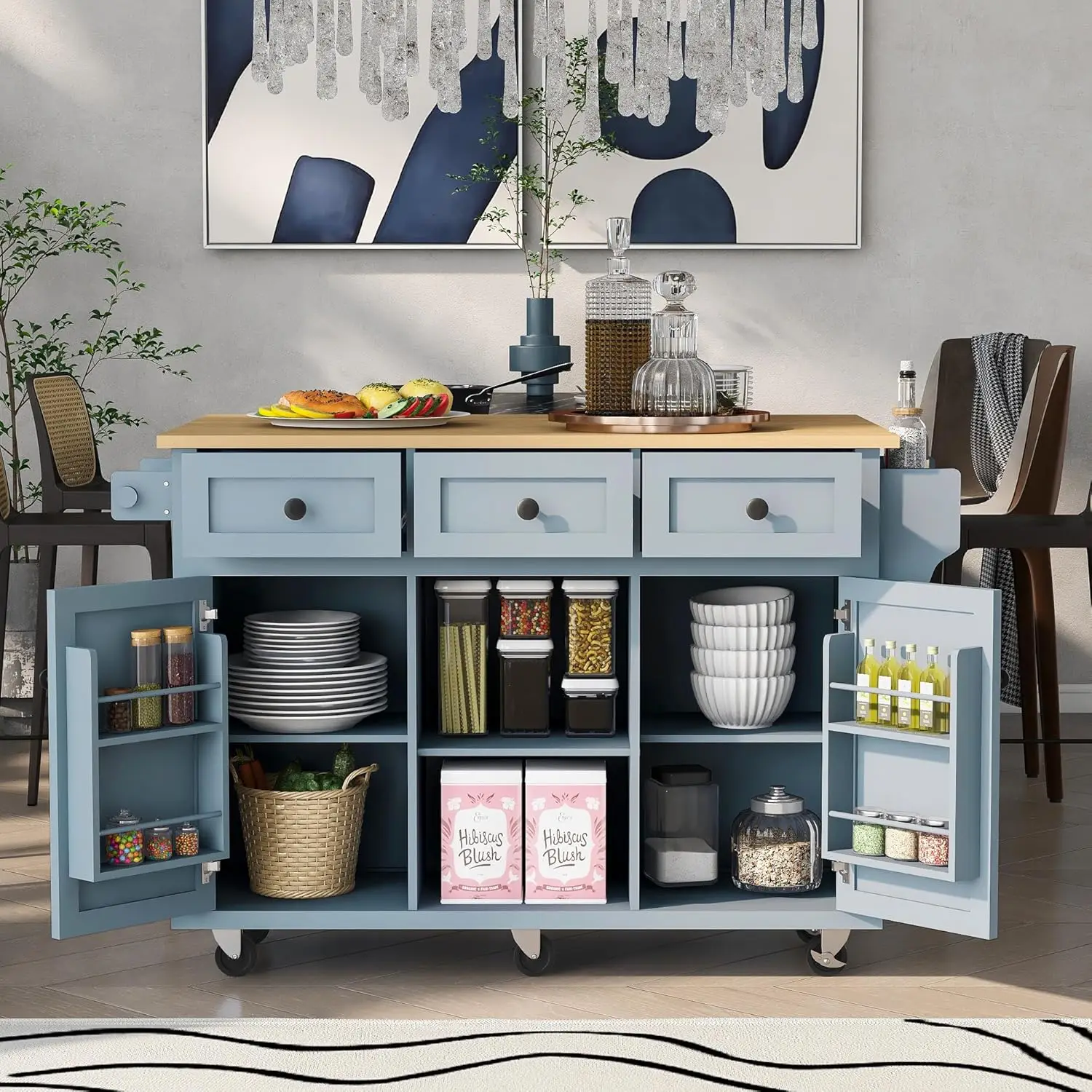 Rolling Kitchen Island with Storage, Moveable Kitchen Island with Drop Leaf, Portable Kitchen Storage Islands & Carts with Drawe