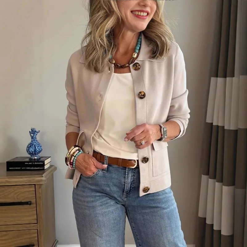 

Новая весенне-осенняя женская короткая куртка однотонного цвета с отложным воротником на одной пуговице, повседневная модная одежда для женщин