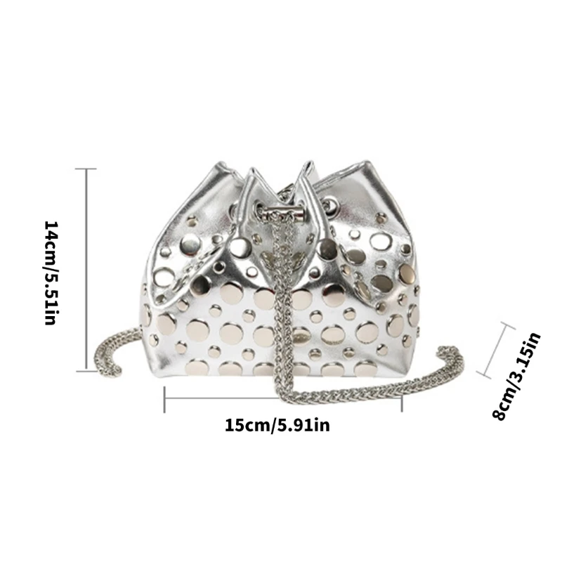 

652F Stylish Mini Crossbody Bag With Metallic Chain PU Leather Bucket Purse Shoulder Bags Satchel For Daily Use And Gifts