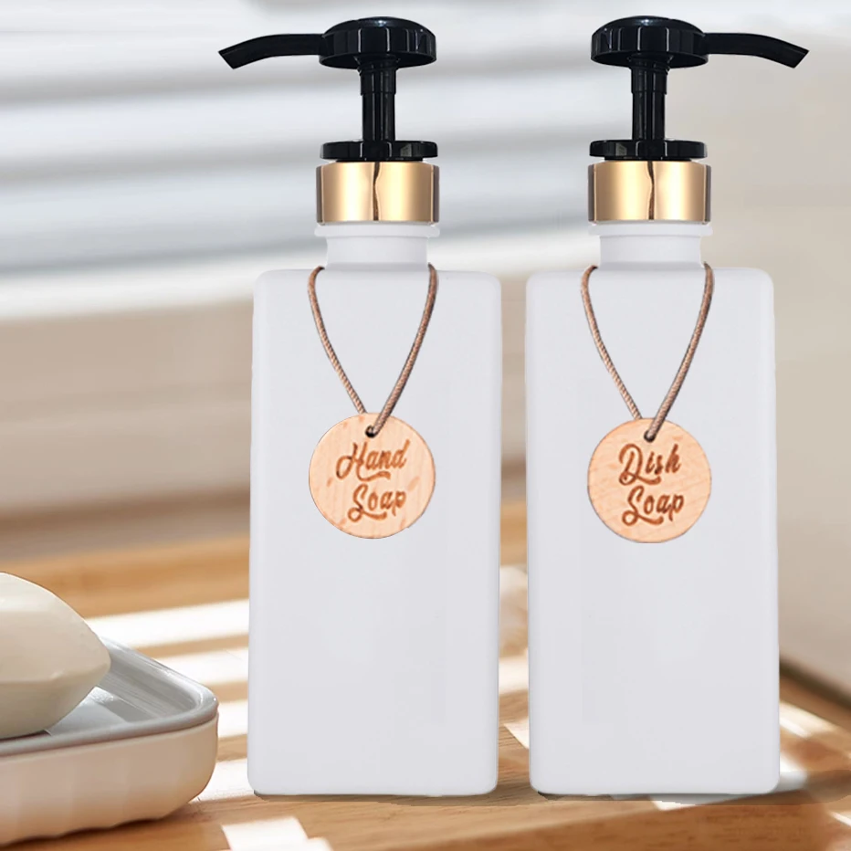 650ml Square Pump Soap Bottle Shampoo and Conditioner Body Wash Dispenser with Tag Kitchen Bathroom Countertop Storage Bottle