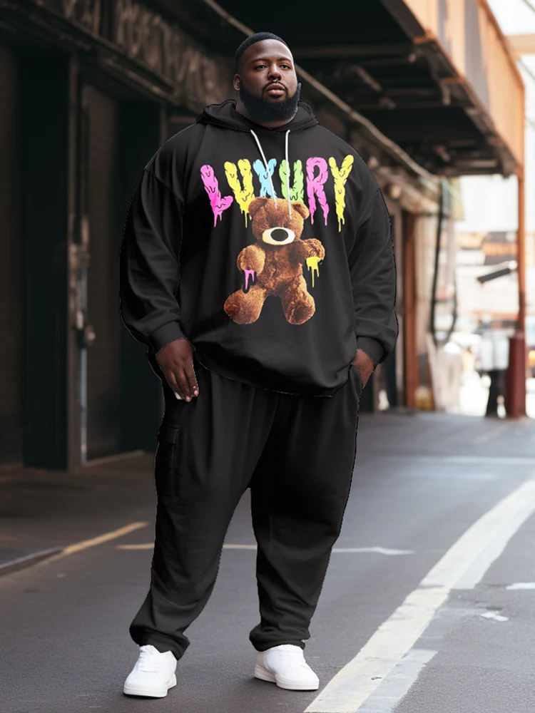 ZOOY (L-9XL) Men\'s Plus Size Fun Color Block Casual Personality Trend Street Bear Graffiti Fashion Long Sleeve Sports Hoodie Set