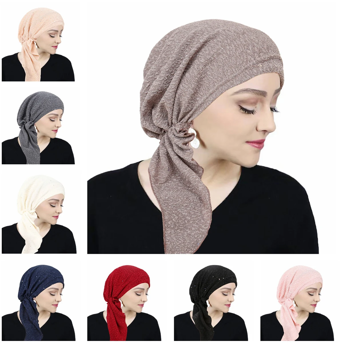 Ramadan Fashion Muslim Turban Hats Solid Color Hijabs Head Wraps Breathable Chemo Cap For Women Girls Adjustable