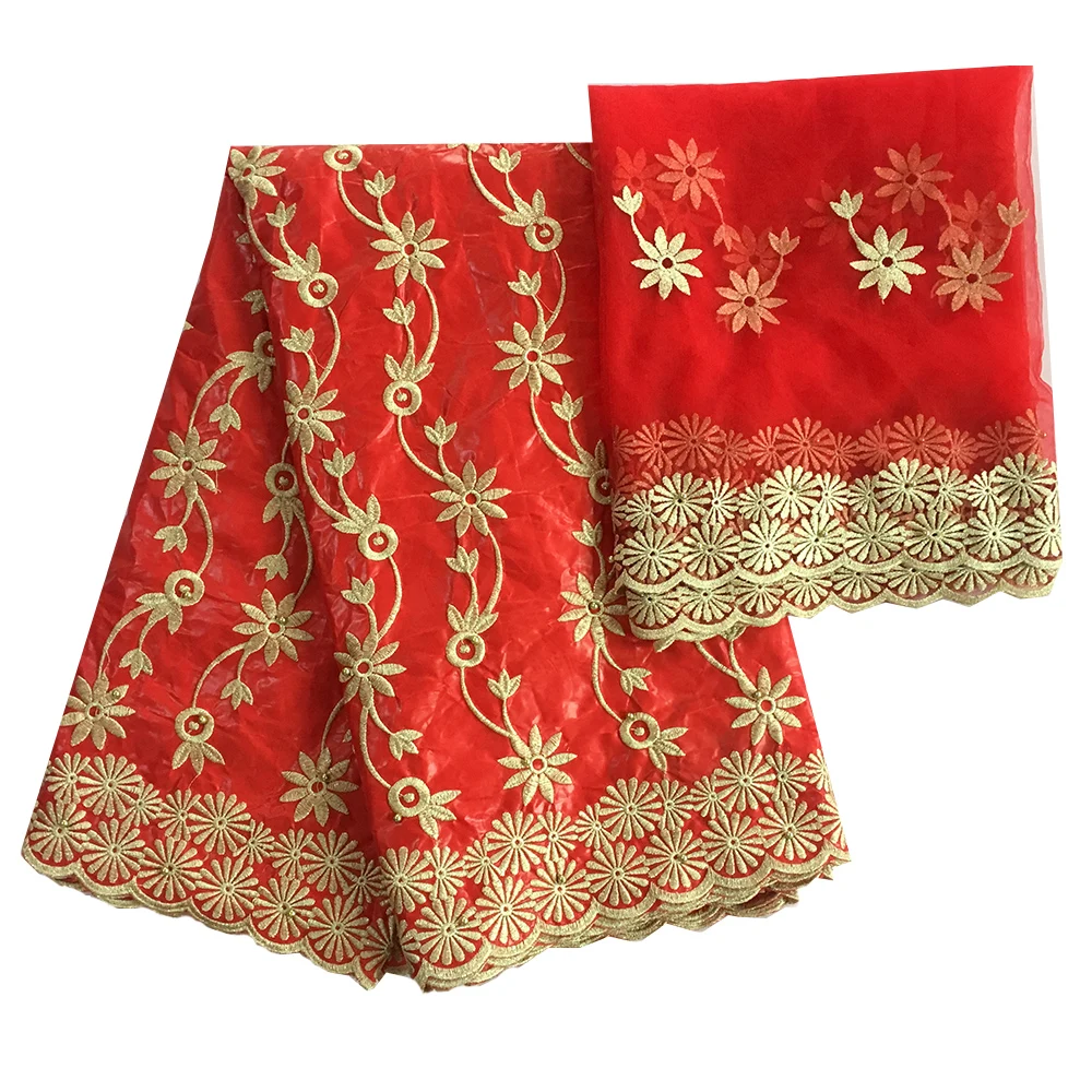 

New African Fabric Banza with Exquisite Embroidery And Rhinestones 5 Yards + 2 Yards Net for Customized Garments