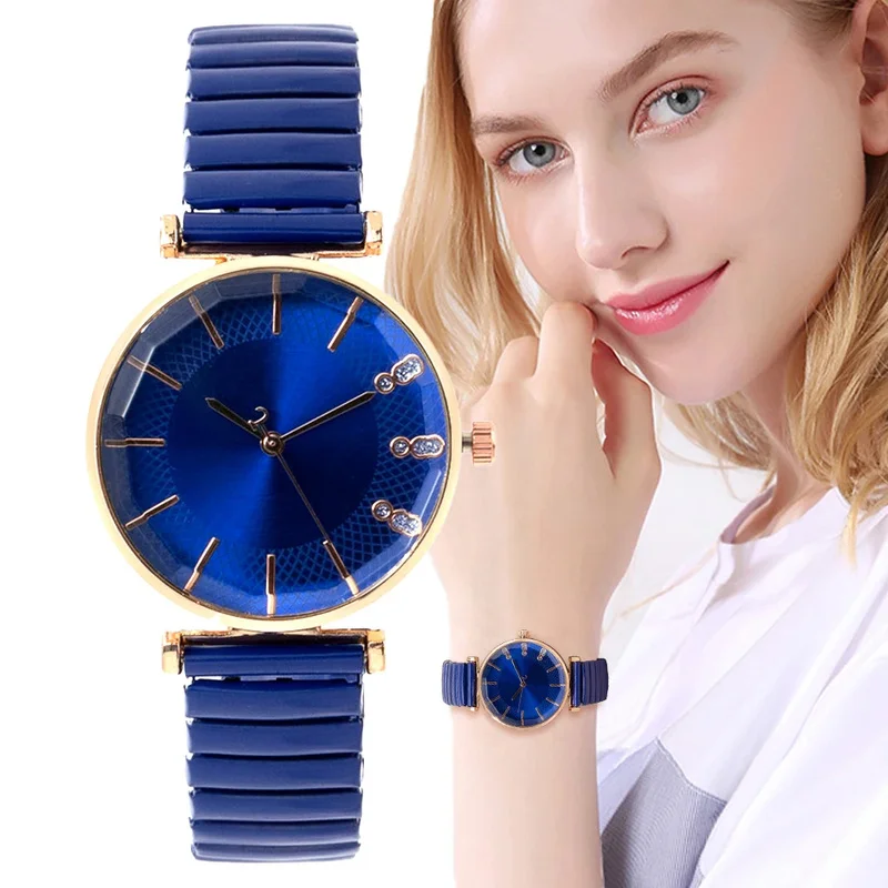 Treasure Blue Simple Crystal Ladies Quartz Wristwatches Casual Fashion Dress Clock Watches Student Lady Style Elastic Rope Watch