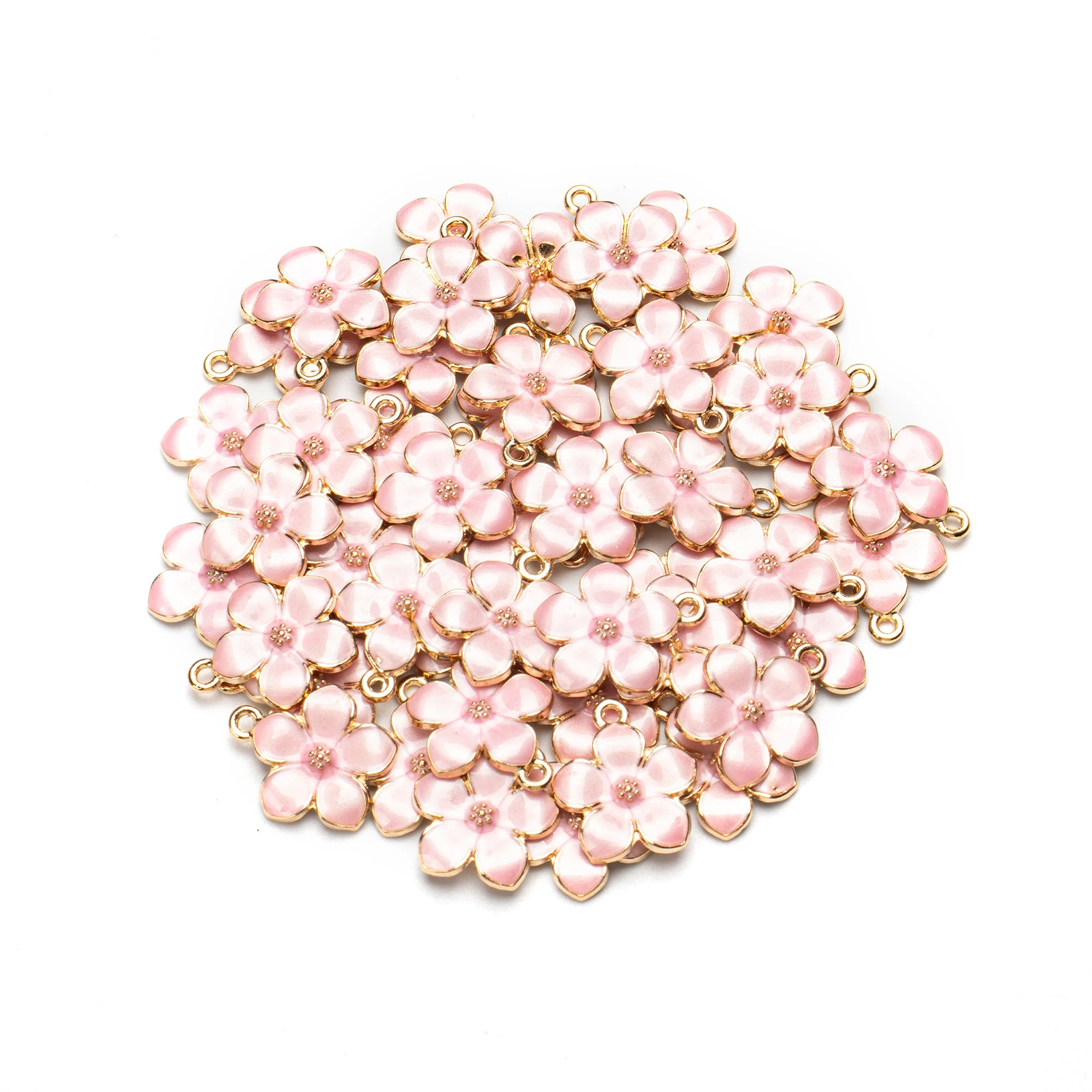 5 Pcs Golden Plated Enamel Cherry Blossoms Flower Charms Pen