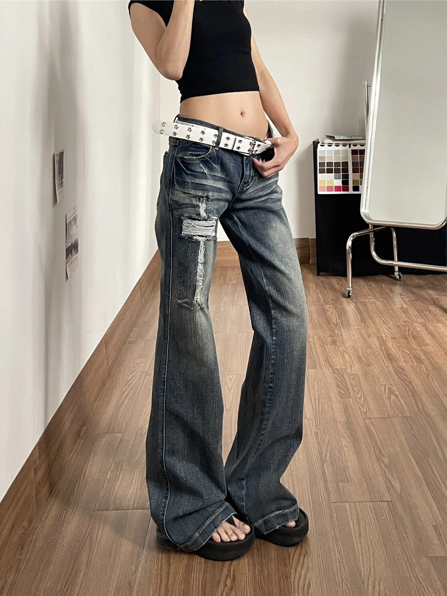 Tall Women's American Style High Street Vintage Faded Bell Bottom Jeans Low Waist Slimming Floor Length Pants Autumn New Style