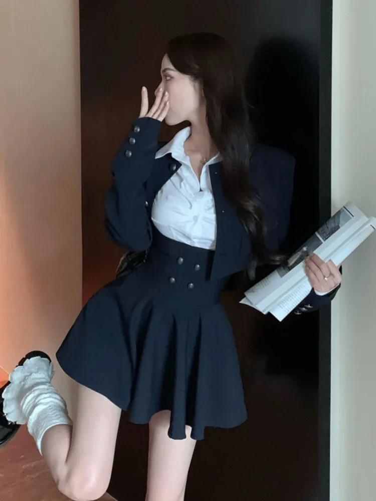 

Woman Preppy Style Mini Dress 3 Piece Set Korean Elegant White Shirt + Short Blazers Coat Outfits Spring Fashion Y2K Uniform