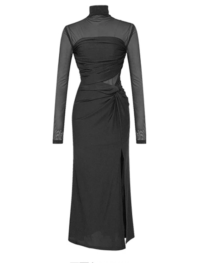 Roupas femininas outono elegante preto puro sexy manga longa vestido magro vestido de noite longo robe festa aniversário vestidos fiesta novo