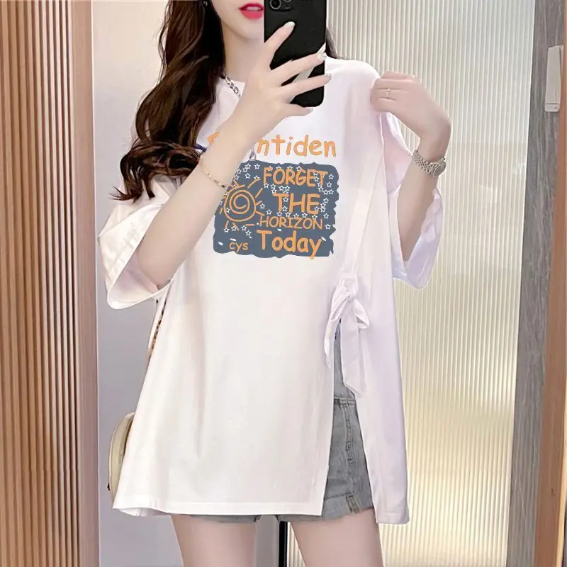 Street Casual Bow Patchwork T Shirts Short Sleeve Letter Printing Loose Solid Tops Harajuku Fashion Women Clothing Summer New