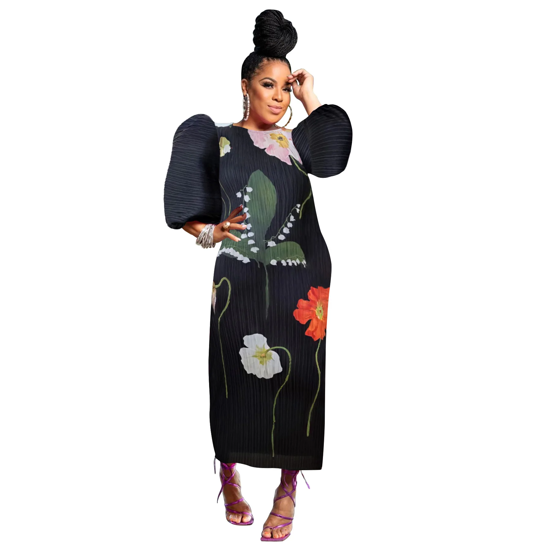 

African Dresses For Women Spring Autumn Africa Clothing 3/4 Sleeve Dress Sexy V-Neck Perspective Slim Dress Office Lady Party