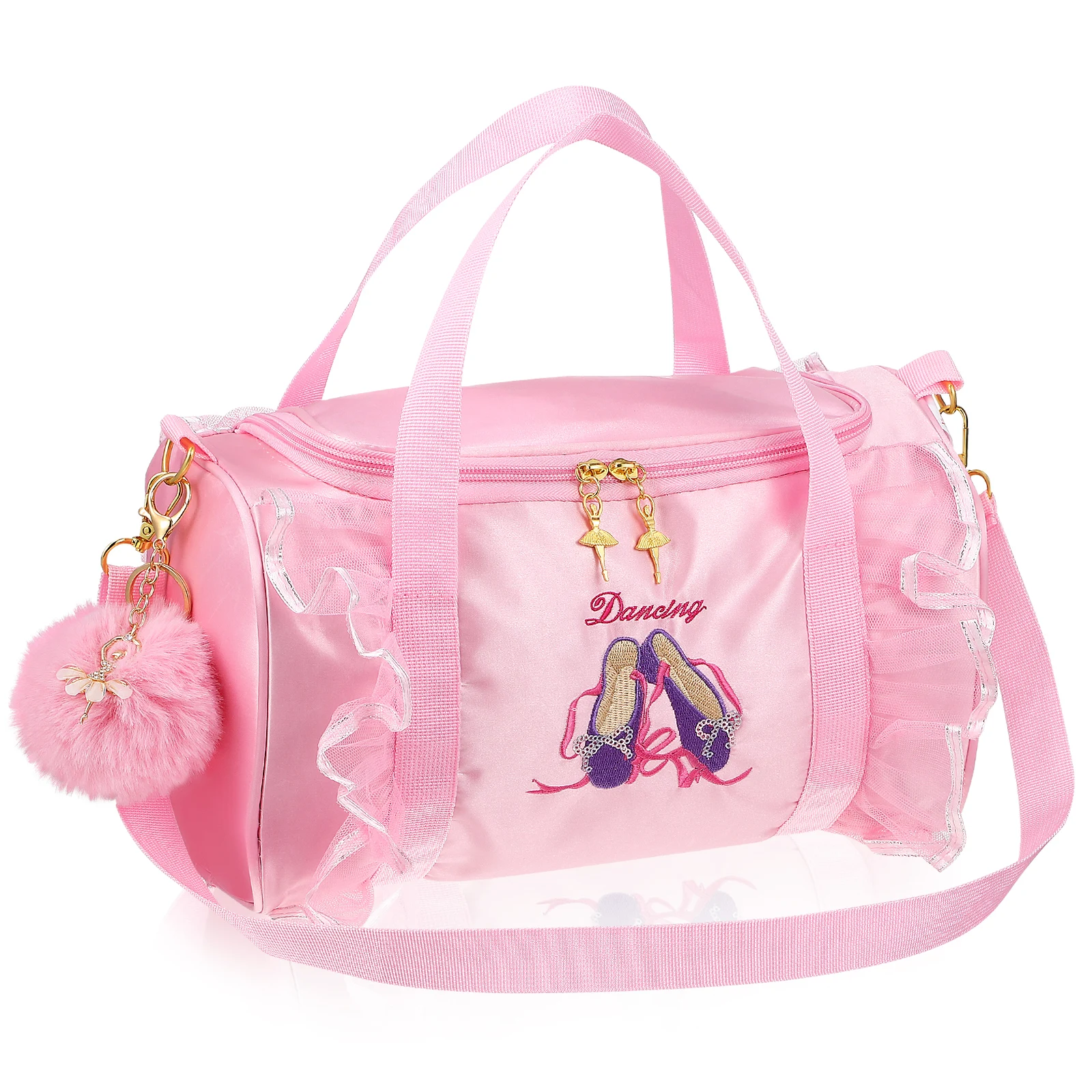 딥 핑크 댄스 가방 발레 슈즈 자수 메쉬 사이드 토트 숄더 대용량 지퍼 키체인 폼폼 액세서리