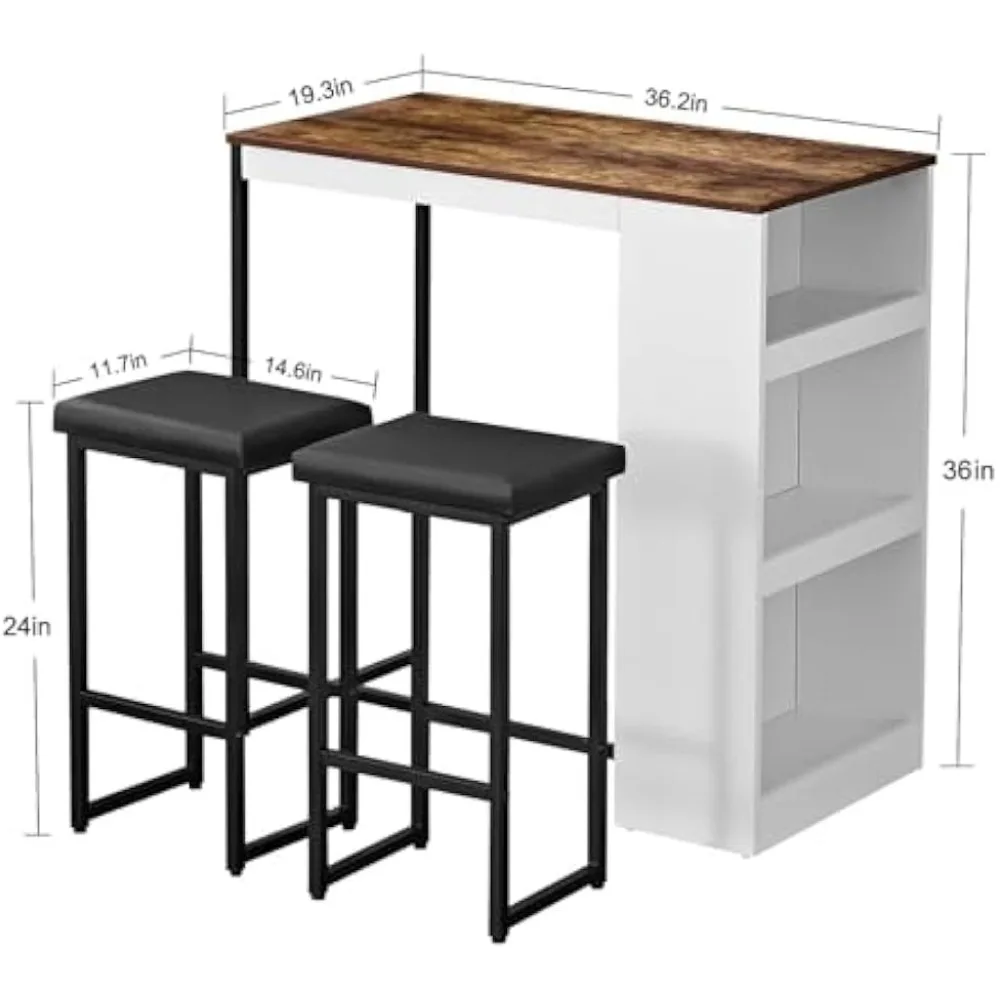 3 Piece Dining Table Set Kitchen Bar Table with Two Stool Storage Shelves Wood Counter Height Table Top with Sew Kerf