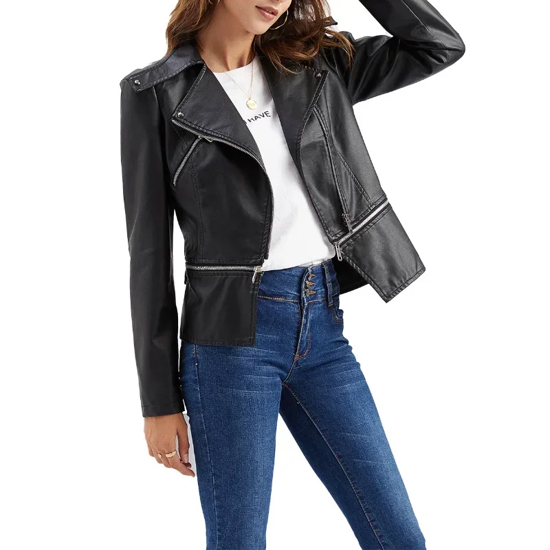 BTQWFD Autumn Jackets Women\'s Winter Coats Female Clothing 2024 New Long Sleeve Leather Outwear Motor Biker Tops Detachable Hem