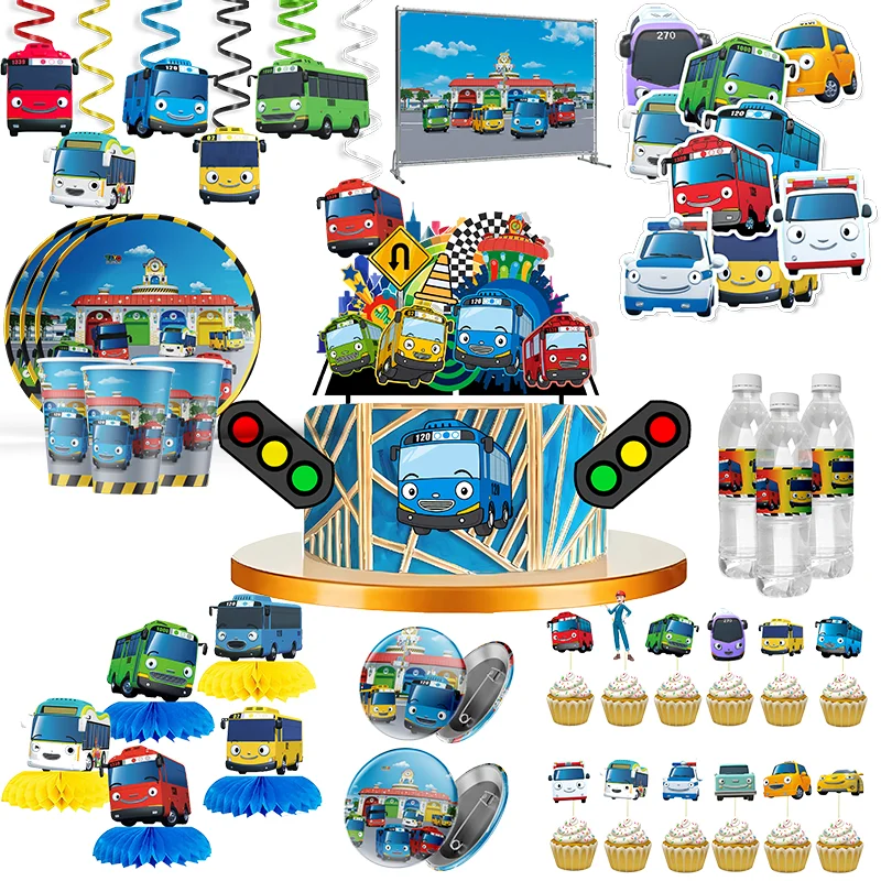 Cartoon Tayo the Little Bus Car Happy Birthday Party Disposable Tableware Paper Plates Cups Napkins Banner Baby Shower Supplies